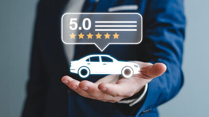 Businessman holding perfect 5 star car review rating, signifying excellent automotive service or purchase