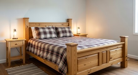 Bedroom Interior with Wooden Bed Frame Plaid Bedding and Warm Lighting