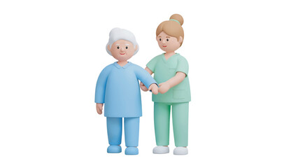 Nurse assisting elderly woman with walking in hospital hallway, providing support and care with compassion and kindness.