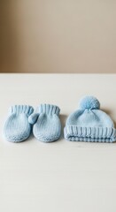Blue Knitted Baby Hat and Mittens Set on White Surface against Cream Background