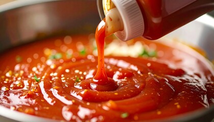 Pouring Tomato Sauce into a Bowl with Close Up.