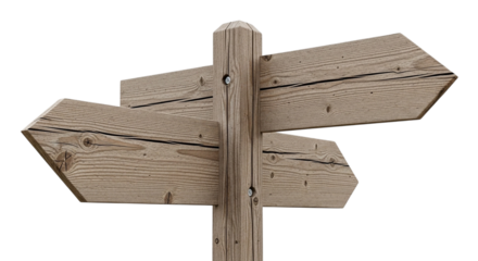 Rustic wooden directional signpost with two arrows on a black background