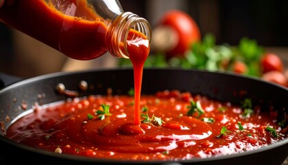 Pouring Tomato Sauce into a Pan Cooking Background.