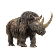 Extinct woolly rhinoceros with large curved horns