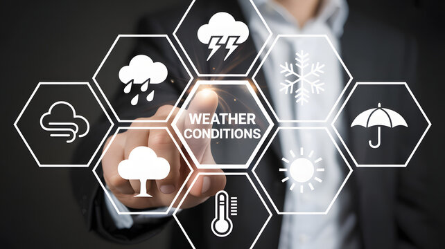 Businessman interacts with digital interface displaying various weather condition icons for forecasting and planning
