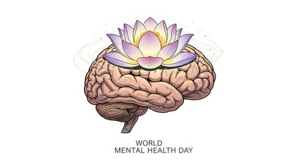 Brain Anatomy with Lotus Flower Illustration for Mental Health Awareness in White Background
