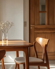 Close up of wooden dining table and chair near wooden door. Minimalist scandinavian home interior design of modern living room, Generative AI
