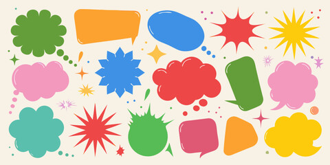 Collection of colorful speech bubbles and starburst shapes for communication and design
