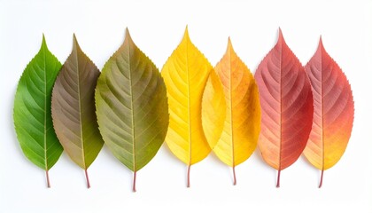 Colorful autumn leaves in gradient on white background.