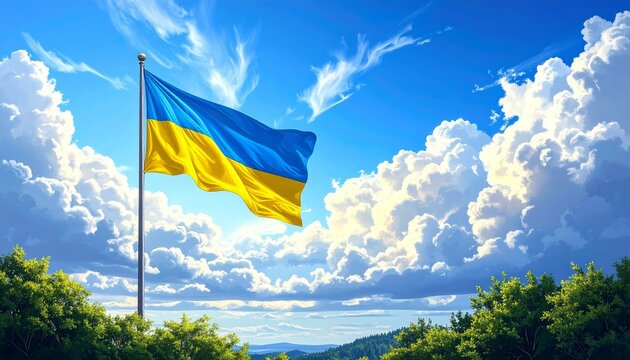 Ukrainian flag waving in the wind against a bright sky.