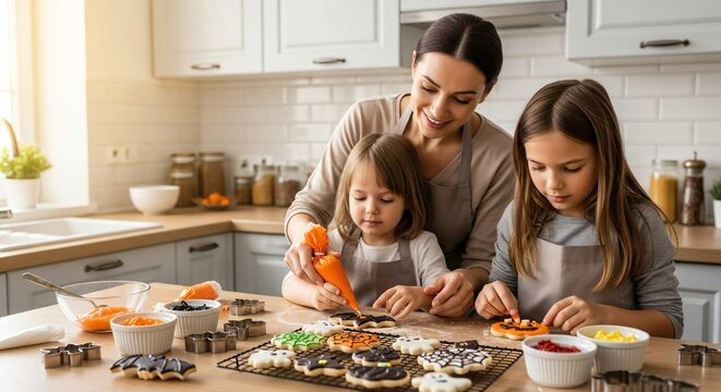 Happy Family Baking Halloween Cookies Together in a Bright Kitchen