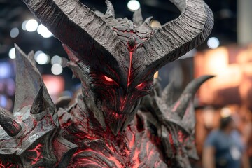 	A demonic warrior costume with jagged spiked armor, glowing red cracks in the skin, and massive shadowy horns curling upward 