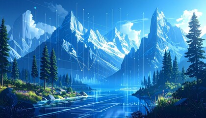 Mountain Landscape with Data Overlay with Nature, and and Analytics.