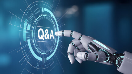 Futuristic robot hand interacts with glowing Q&A interface on digital screen, innovation in AI