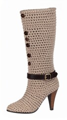 Knee High Crochet Boot with Wood Heel and Brown Button Detail on White Background