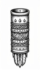 Ornamental Black and White Metallic Object with Circular Elements and Decorative Feathers