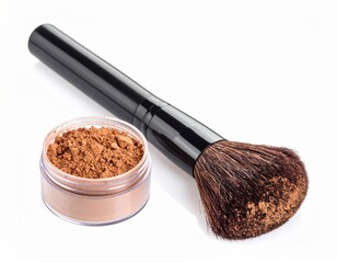 Cosmetic Powder in a Jar with a Black Makeup Brush on White Background