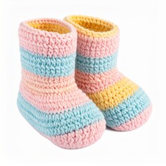 Pair of Knitted Baby Booties in Pink Yellow and Blue Stripes on White Background
