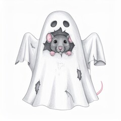 Gray Mouse Peeking Out from a White Ghost Costume on a White Background