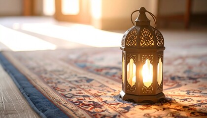 Lantern on Oriental Rug with warm light, Eid, and Ramadan decor.