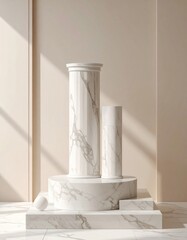 White Marble Column and Platform Display in Creamy Beige Studio Setting