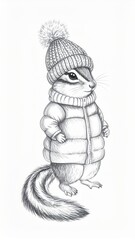 Adorable Chipmunk Wearing Winter Hat and Puffer Coat Black and White Illustration on White Background