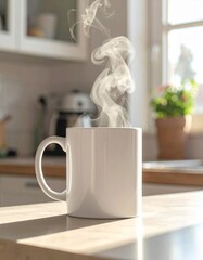 Hot White Mug Steaming on Kitchen Countertop with Morning Sunlight