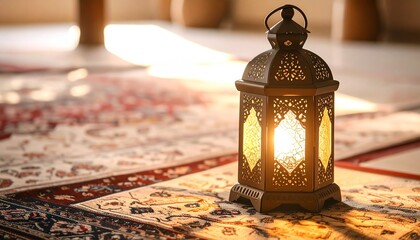Lit Lantern on Carpet with Cozy Indoors, Ramadan, and Light.
