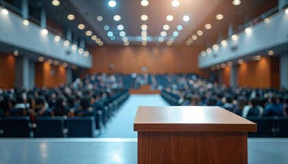 Empty Wooden Podium Foreground with Auditorium Audience Under Spotlights in Large Hall