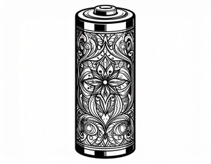 Ornate Black and White Battery Illustration with Floral Ornamentation Isolated on White Background