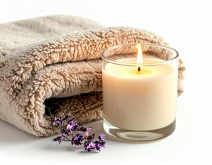 Burning Candle with Lavender and Beige Towel on White Background in Studio Shot