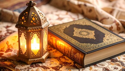 Ramadan lantern and Quran on decorative fabric background.