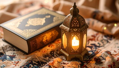 Ramadan Kareem with Holy Quran with Lantern, and Islamic Decoration.