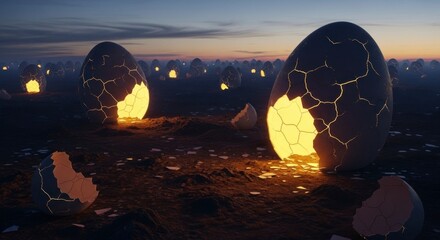 Abstract Illuminated Eggs in a Field under Twilight Sky
