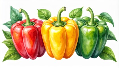 Three Vibrant Bell Peppers Red Yellow and Green with Fresh Leaves on White Background