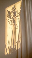 Silhouetted Grass and Sunlight Through Curtain Creates Dreamy Interior Warm Tone