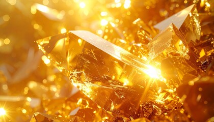 Close up of Golden Crystals with Sparkling Light Reflections in Abstract Background