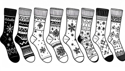 Assorted Knitted Socks with Snowflake Designs in Black and White for Winter Season