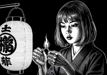 Pensive young woman in kimono lighting a lantern with a match in a dark, traditional Japanese setting, evoking a sense of mystery and contemplation.