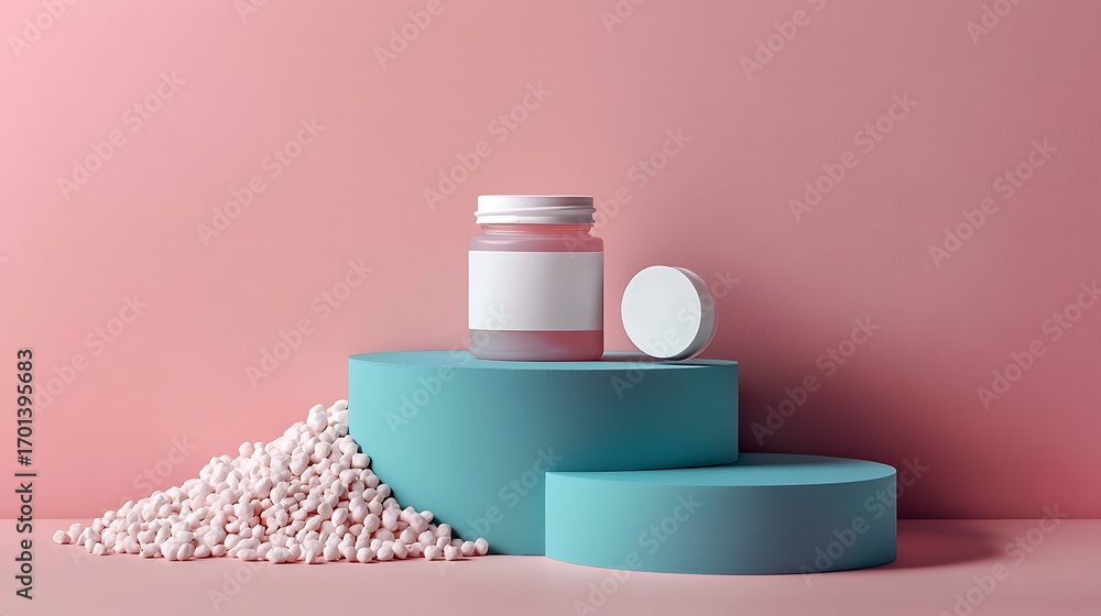 Poster elegant display of glossy container and decorative pastel elements on pink background