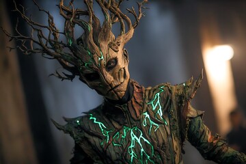 A haunted tree costume with bark-textured clothing, twisted wooden mask, branches growing from shoulders, and glowing green veins 