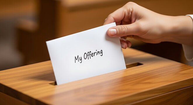 Hand placing offering envelope into wooden box with hope