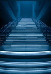 Monochromatic blue staircase with glowing steps into an unknown destination