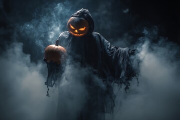 A headless horseman costume with glowing pumpkin held in hand, torn black cape fluttering, and eerie smoke rising from the neck 