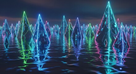 Abstract Neon Light Pillars Reflecting in Water Surface at Dusk Sky