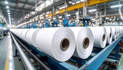 Paper Rolls on Conveyor Belt in Factory Manufacturing.
