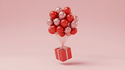 Delightful red and pink balloons lifting a gift box, perfect for birthday celebrations and joyful moments