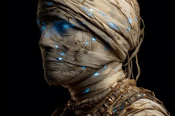 	A mummy costume wrapped in ancient glowing bandages, cracked golden amulets, and faint blue flames flickering in the hollow eyes 