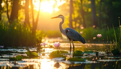 Heron in sunrise pond