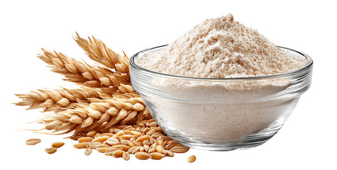 Wheat flour in a glass bowl with wheat ears and grains isolated on transparent background